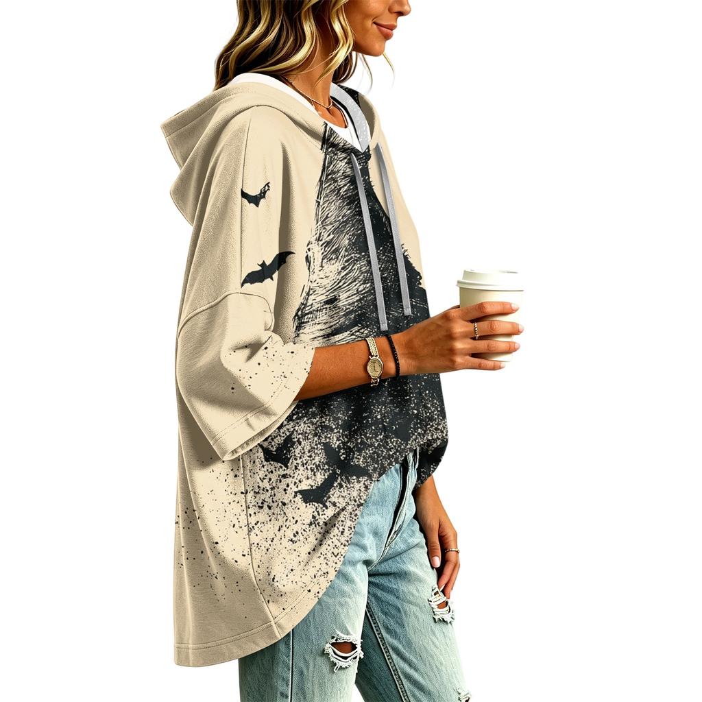 Women's Fashionable Three-Quarter-Sleeve Halloween-Printed Hooded Pullover