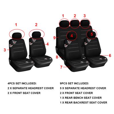 Car Covers Mat Protect Butterfly Embroidery 4/9Pcs Set Front Rear Car Seat Covers Set Car Seat Protector Cushion