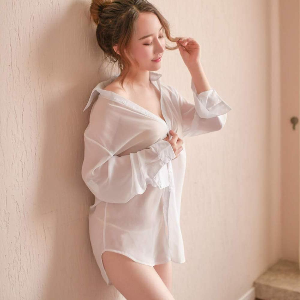 neat and for size boyfriend shirt [LIKENNY] See-through shirt, T-back, 2-piece set, transparent, women, sexy, cute, pajamas, blouse, cosplay, play,