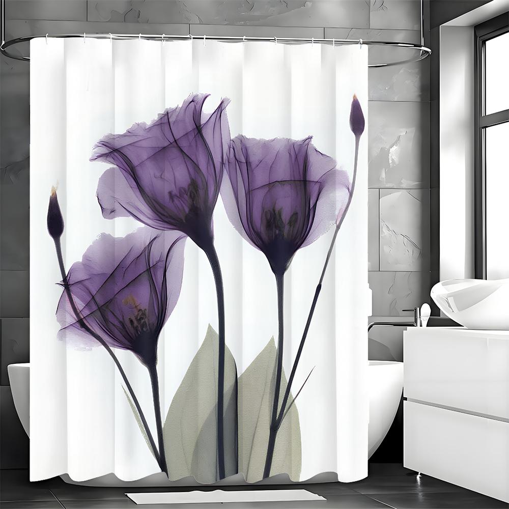 Purple Floral Botanical Green Leaf Shower Curtain, Bathroom Decorative Shower Curtain, Waterproof Shower Curtain with Hooks