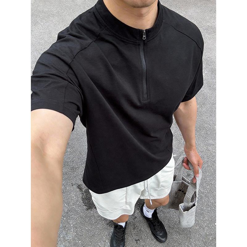 

Men Half Zip Stand Collar Short Sleeve T Shirt Casual Loose Fit Summer Top M чорний