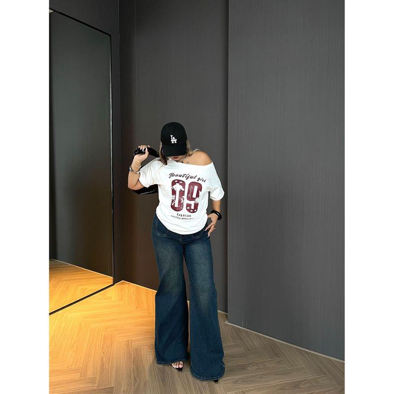 

Brother Nan Chubby Retro Drape Horn Jeans Women Autumn Plus size European and American High Waist Loose Straight Slimming Pants Blue 4XL