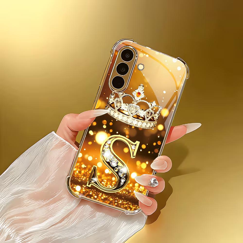 Funda de teléfono de cristal electrochapado con letra S de corona adecuada para Samsung Galaxy S26 S25 S24 S22 S21 S20 FE/Ultra/Plus anticaída