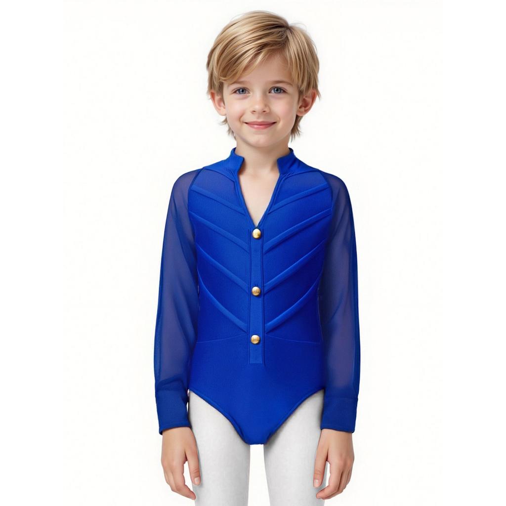 Body de Danse de Salon Latino pour Garçons Manches Longues Col Montant Justaucorps Costume de Compétition pour Performance de Scène