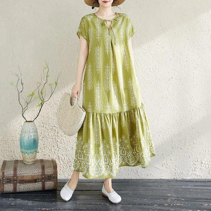 Dress for Woman Cotton Summer Plus Size Loose Floral Vintage Casual Printed Soft Long Holiday Dresses