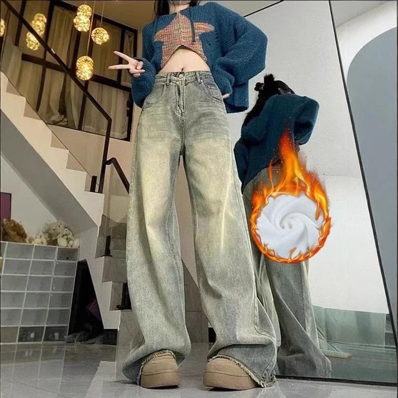

2025 Women s Slimming High-Waisted Wide-Leg Jeans with Velvet - Autumn Style Small