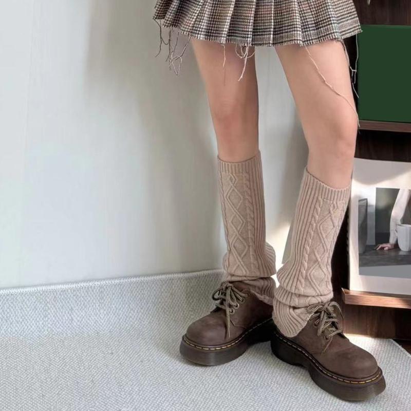 Fashion Rhombus Pattern Wool Leg Covers Cable Knitted Leg Warmers for Cold Weather Footless Long Boot Socks Hosiery