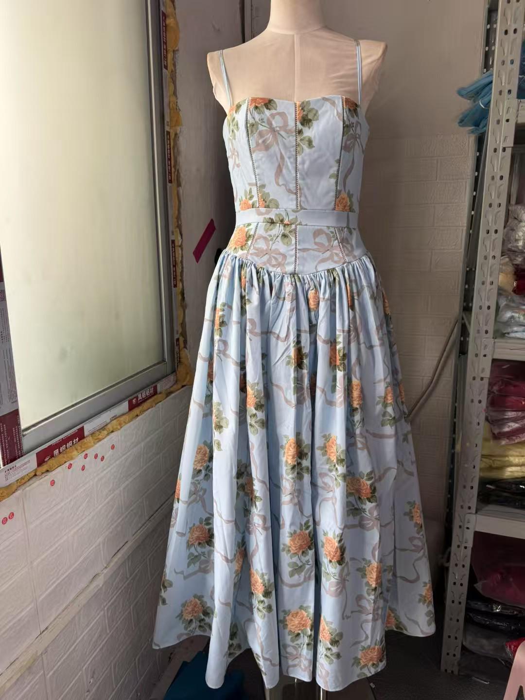 Australian European Designer Floral Print Fishbone Waist Dress - Fresh Forest Style Fashion Bestseller Large синий