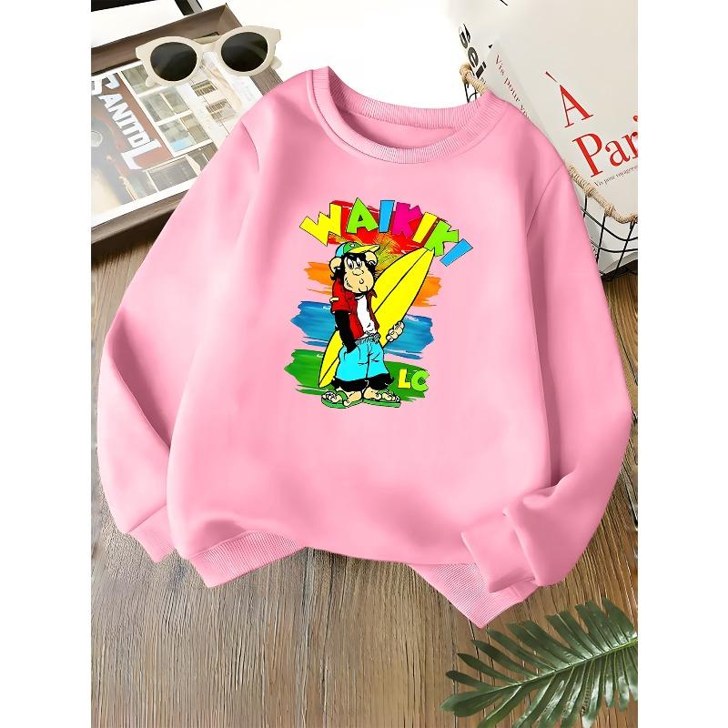 Kids Unisex Crewneck Sweatshirt, Waikiki Surf Monkey Cartoon Print Long Sleeve Pullover, Soft Fleece Kids Sweatshirt For Boys Girls Over 4 Years Old