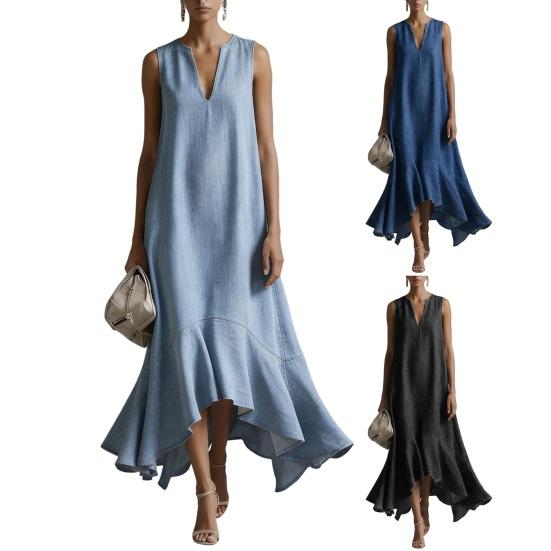 Women's Long Denim Dress Casual Loose Sleeveless V Neck Maxi Dress