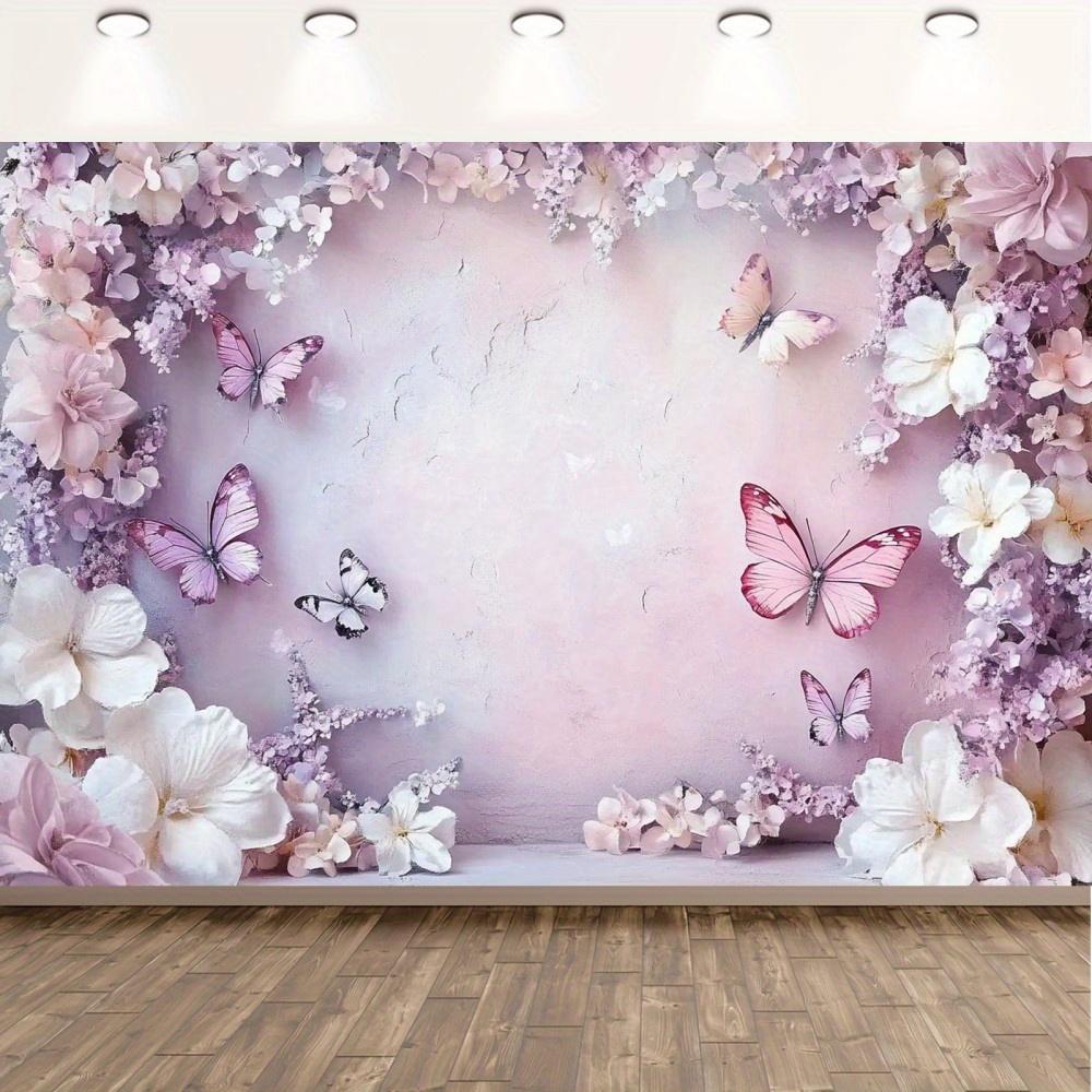 Spring and Summer Pink and Purple Beautiful Flowers 2D Butterfly Background Customizable Name Photo Birthday Party Decoration