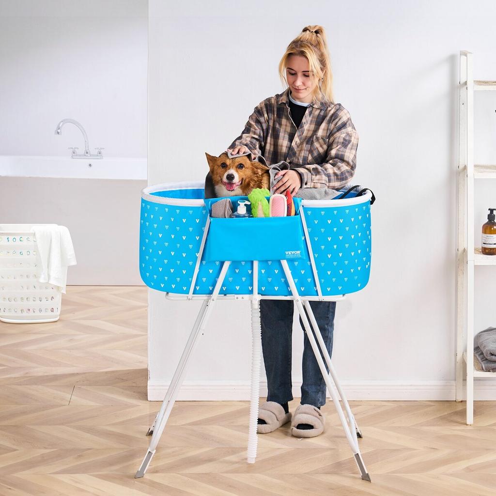 Foldable Dog Bathtub Elevated Light Blue Pet Bathing Station for Dog & Cat