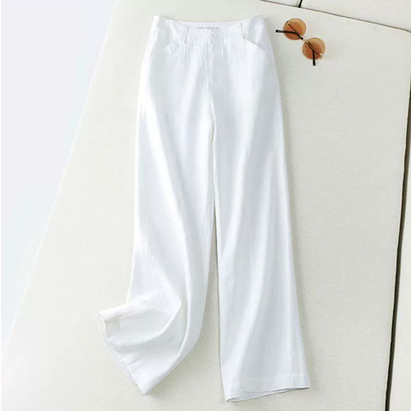 Pantalon Capri en Coton Lin pour Femme Taille Élastique Couleur Unie Coupe Droite