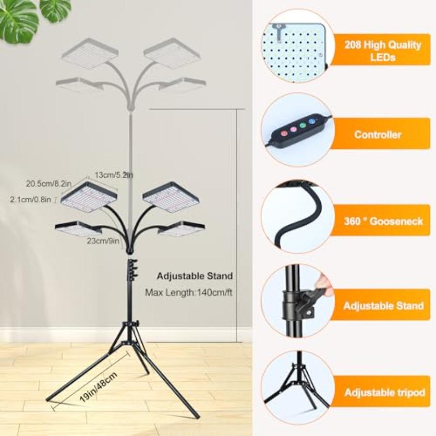 2026 4Head Grow Light with Stand 100W Bright Large Coverage LED Grow Lights for Houseplants Bonsai Trees 4/8/12/16/20Hr Timer 2