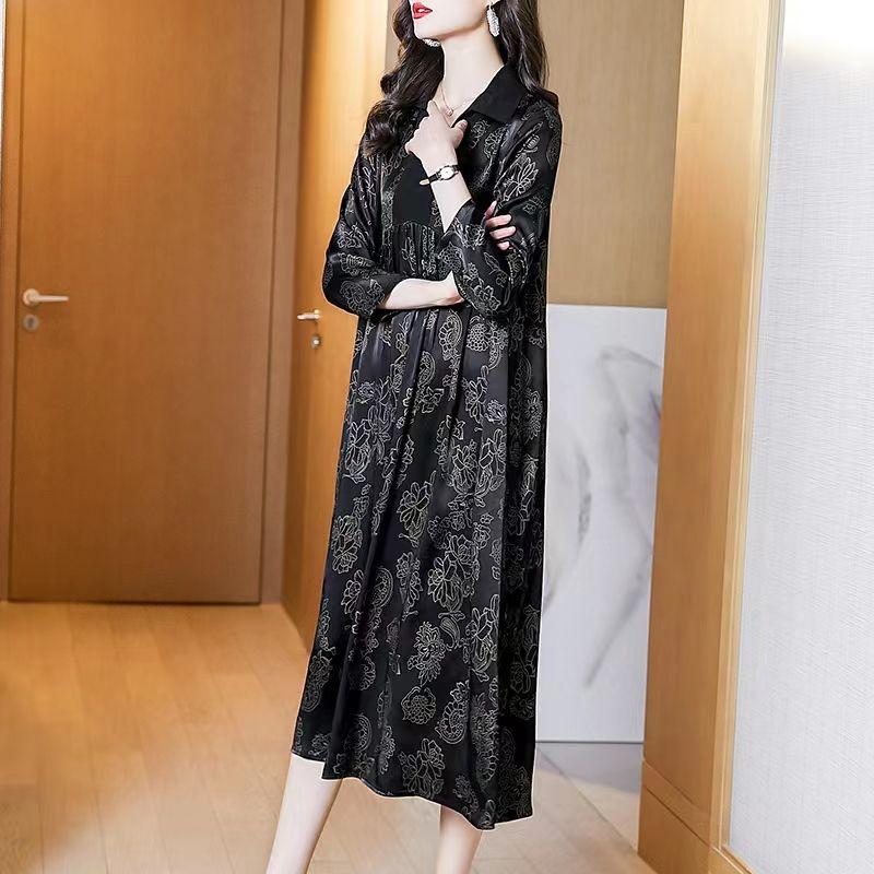 Casual Turn-down Collar Spliced Dresses Vintage Floral Printed Spring Summer 3/4 Sleeve Loose A-Line Long Dress
