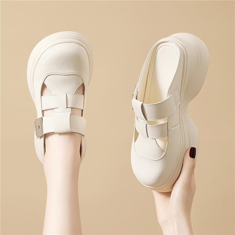 Baotou version of women's genuine leather, comfortable wedge heel, Yaoyao bottom, casual mother, outer wear to increase height, cool slippers
