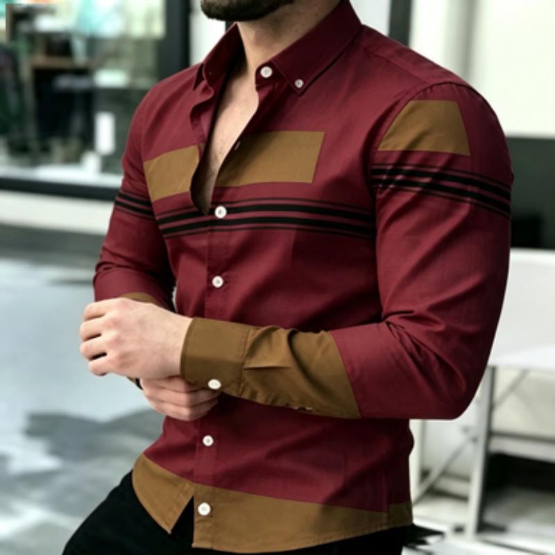 Men's Shirt Trendy Men's Color Block Splicing Long Sleeve Shirt Horizontal Stripe Decorative Collar Shirt European and American