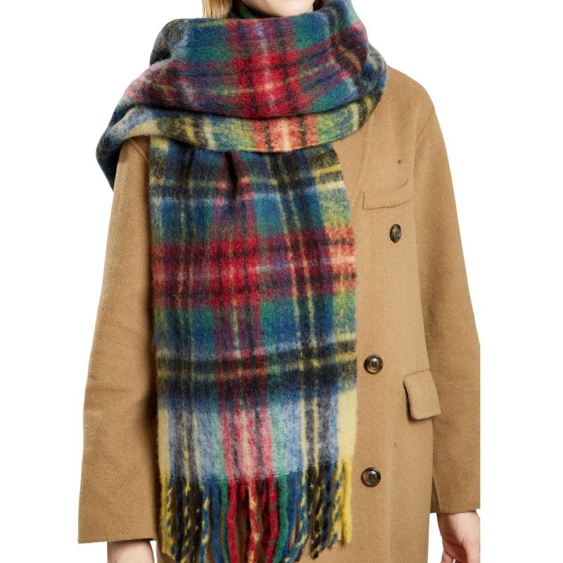 New autumn and winter retro plaid fringed scarf wool blended high-end versatile warm contrasting color plaid scarf