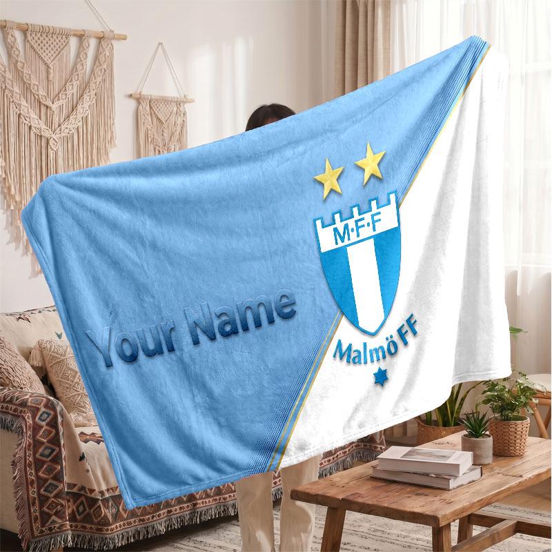 Malmö FF Personalized Fleece Blanket With Football Logo, Custom Name Text Soft Warm Home Throw Blanket