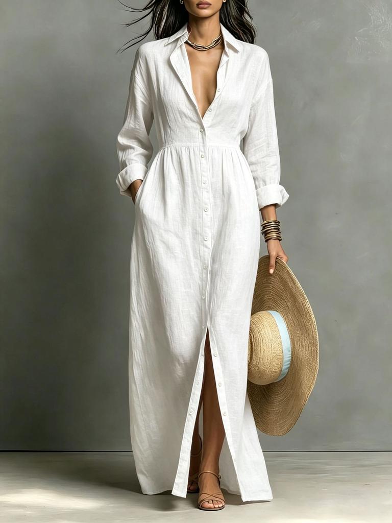 Europe, America, autumn and winter new casual style long dress fashion bag solid color button long sleeve lapel dress