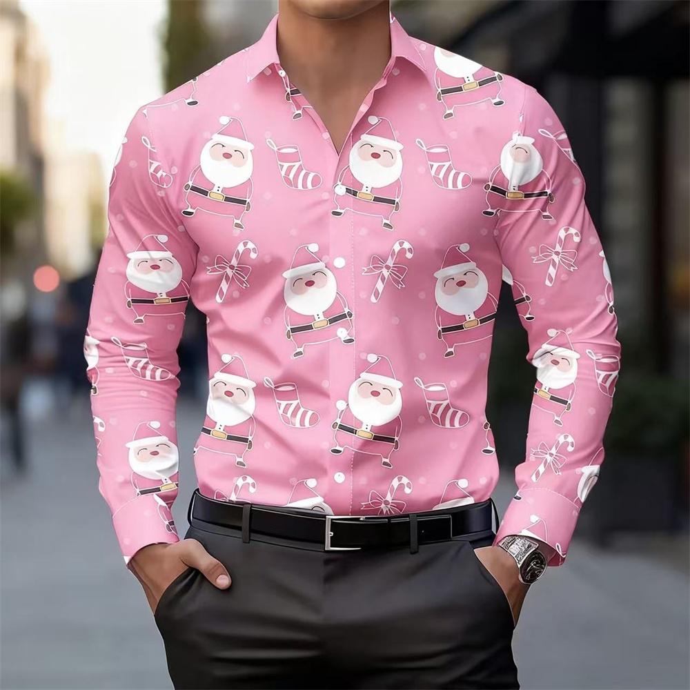 Weihnachten Langarmhemd Kragen Herren Button-Up Hemd Herbst Weihnachten Schneemann 3D-Druck Langarm Herren Feiertagsparty Oberteile