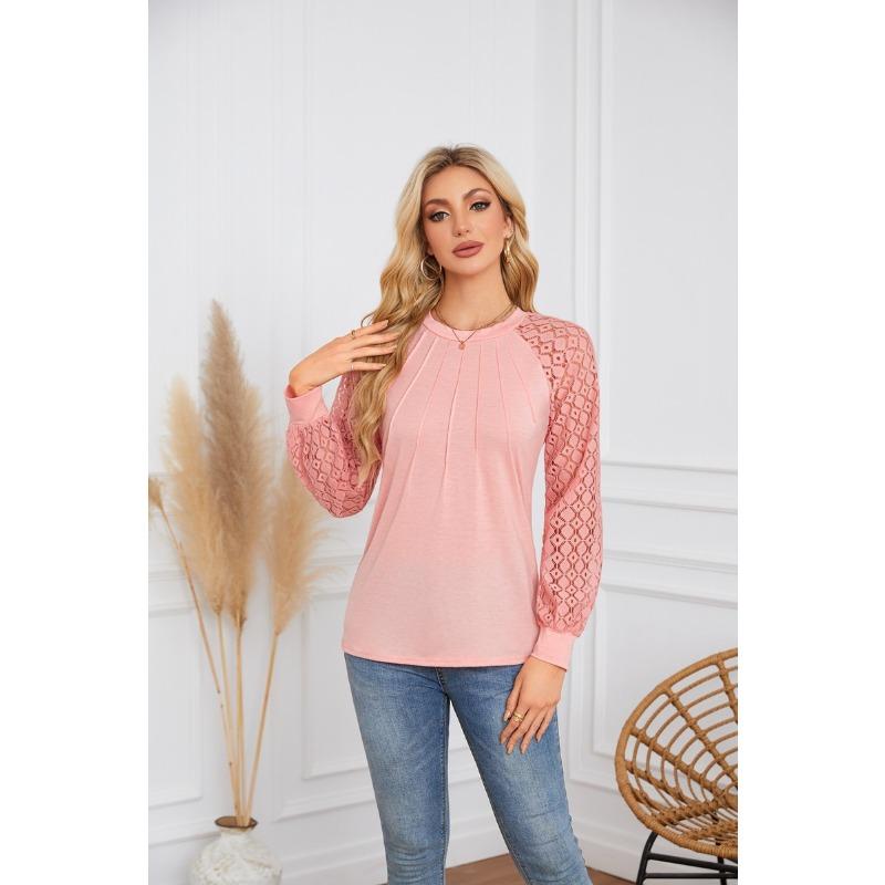 

Летний новый стиль кружевная вставка круглый вырез плиссированная блузка рубашка с длинным рукавом женская XXL розовый