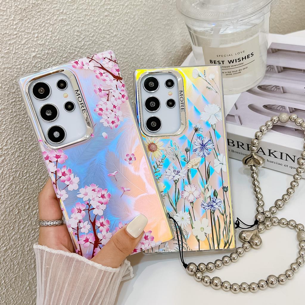 Electroplated Laser Flower S25Ultra Mobile Phone Case Suitable for Samsung A16 Pearl Bracelet S24plus Hard Case