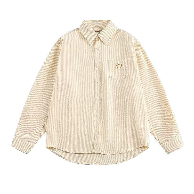 Spring and Autumn Couple Embroidered Striped Shirt Japanese Retro Pocket Design Shirt Men and Women Versatile Coat