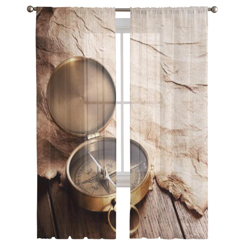 Närbild av kompassen på gammalt papper Tyll Skira gardiner för vardagsrum Sovrum Kök Dekoration Voile Organza Gardiner