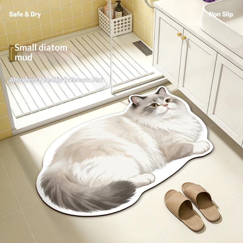 Diatomite Bath Mat Kawaii Cat Print Non Slip Super Absorbent Odor Resistant for Home Bathroom Shower Use