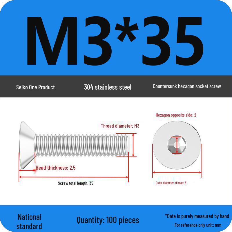 Complete Set of 304 Stainless Steel Countersunk Hex Socket Cap Screws, Flat Head Bolts, and Machine Screws (M2-M10)