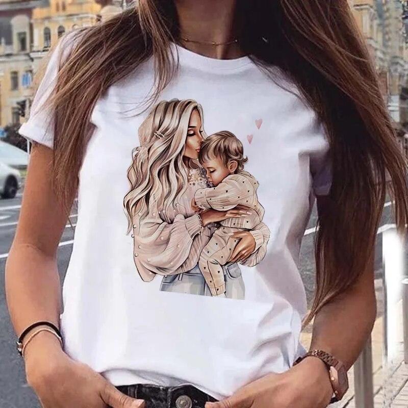 Maycaur Women T Shirt Cartoon Mom with Sons Shirt Fashion Print Casual Woman Tee Ladies Female T-shirt Short Sleeve T Top Shirt
