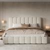 Upholstered Bed, Double Bed, 180*200cm, Bed with Slatted Frame and Upholstered Headboard, Solid Wood Legs, White Bouclé