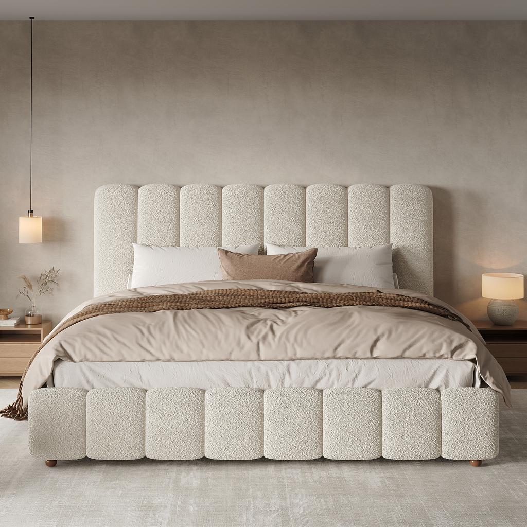 Upholstered Bed, Double Bed, 180*200cm, Bed with Slatted Frame and Upholstered Headboard, Solid Wood Legs, White Bouclé