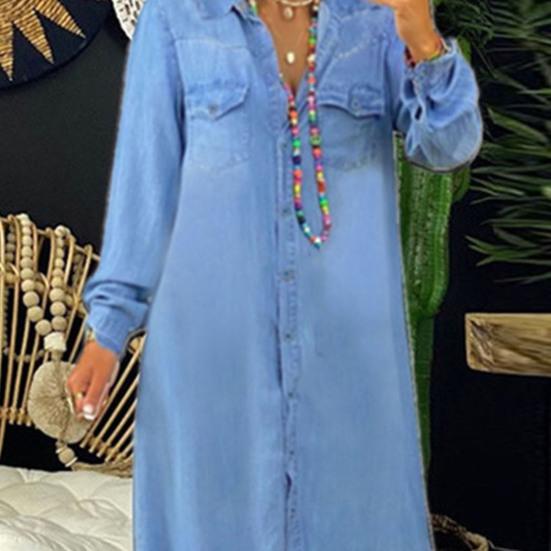 Turn-Down Collar Long Sleeves Women Dress Two Pockets Solid Color Single Breasted Denim Maxi Dress Ladies Clothing