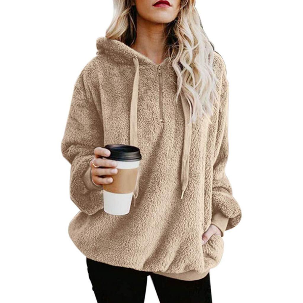Winter Women Long Sleeve Fleece Hooded Sweatshirt Pullover Warm Jumper Sweaters With 1/4 Zip