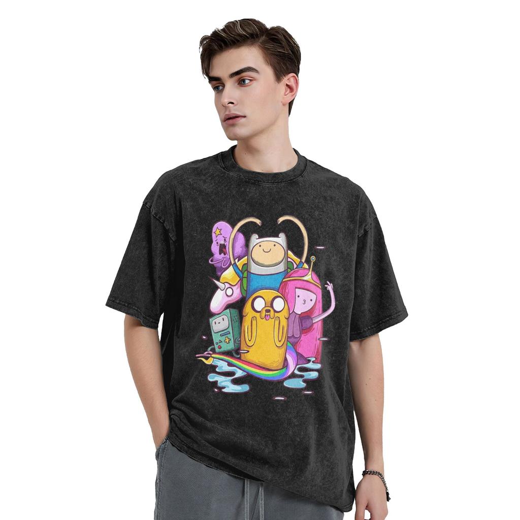 Adventure Time Animated Television Men's T Shirts Washed Tees Short Sleeve Round Collar T-Shirts Cotton Birthday Gift Tops
