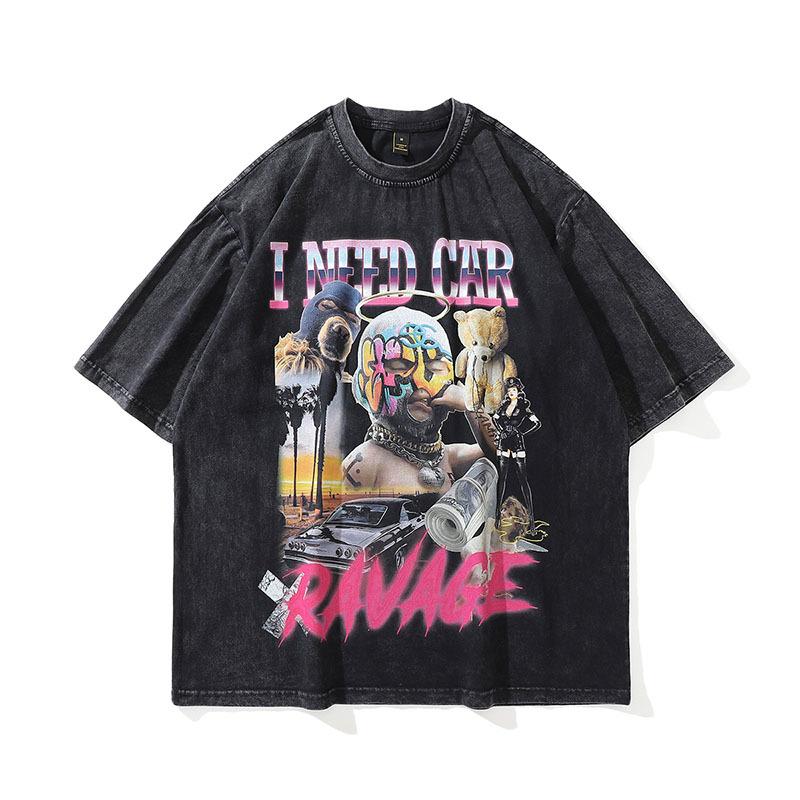 Harajuku Street Trendy Brand Sweet And Cool Cartoon Print Washed Short-Sleeved T-Shirt Men'S Ins Loose And Old Half-Sleeved Top