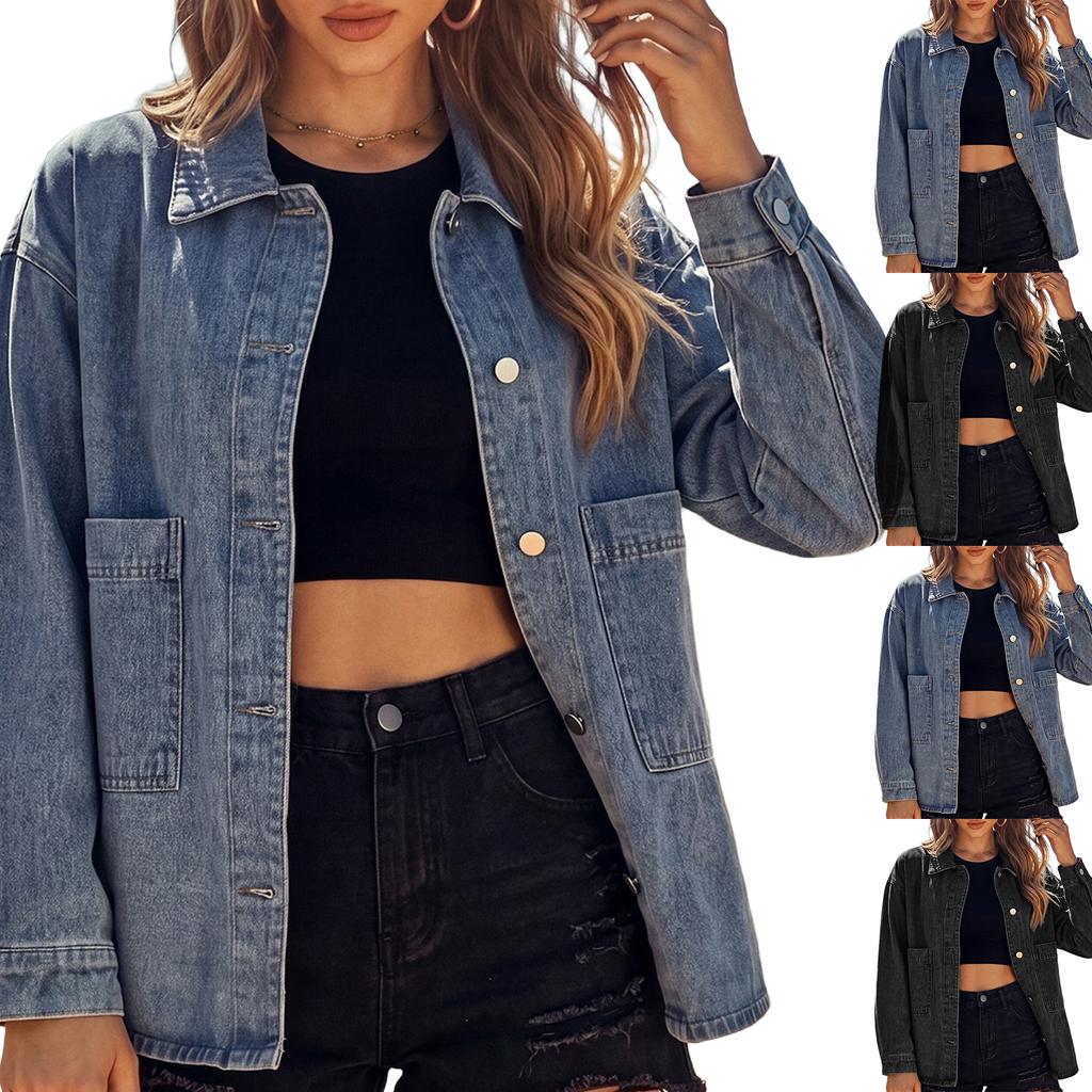 Women's Casual Denim Jacket, Long Sleeve Button Front with Large Patch Pockets