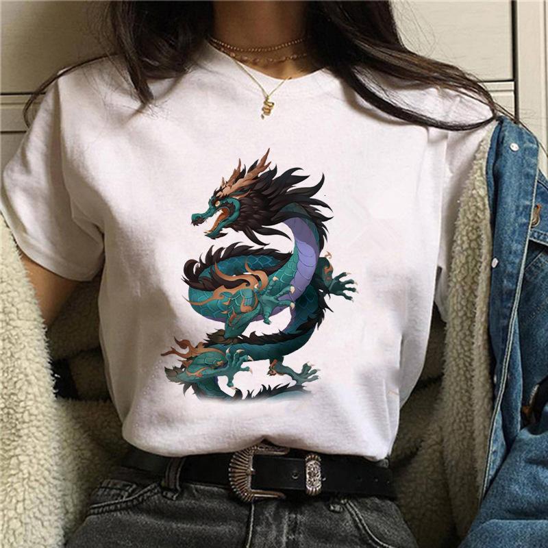 Harajuku Chinese Dragon Print Popular Fashion Trend Largesized Thin Unisexs and Womens Same Shortsleeved Tshirt Graphic