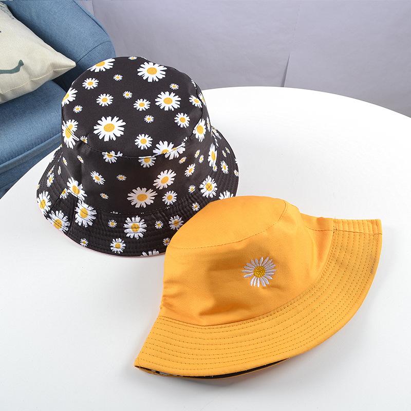 Summer Daisy Double-Sided  Bucket Hats Women's Embroidery Hip Hop Panama Bob Caps Folded Beach Sun Fisherman Hat For Ladies