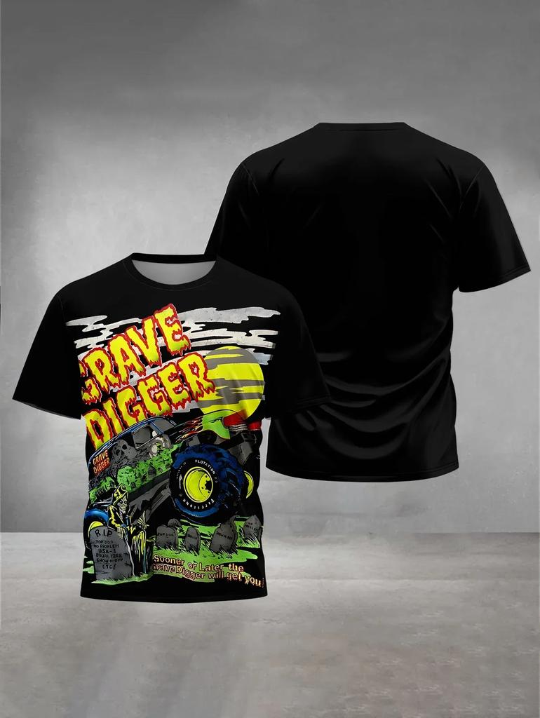 2026 Lato Dzieci Monster Jam Kreskówkowy Ciężarówka Druk 3D Okrągły Dekolt Krótki Rękaw Koszulki Outdoorowe Codzienne Bluzki dla Chłopców Dziewcząt