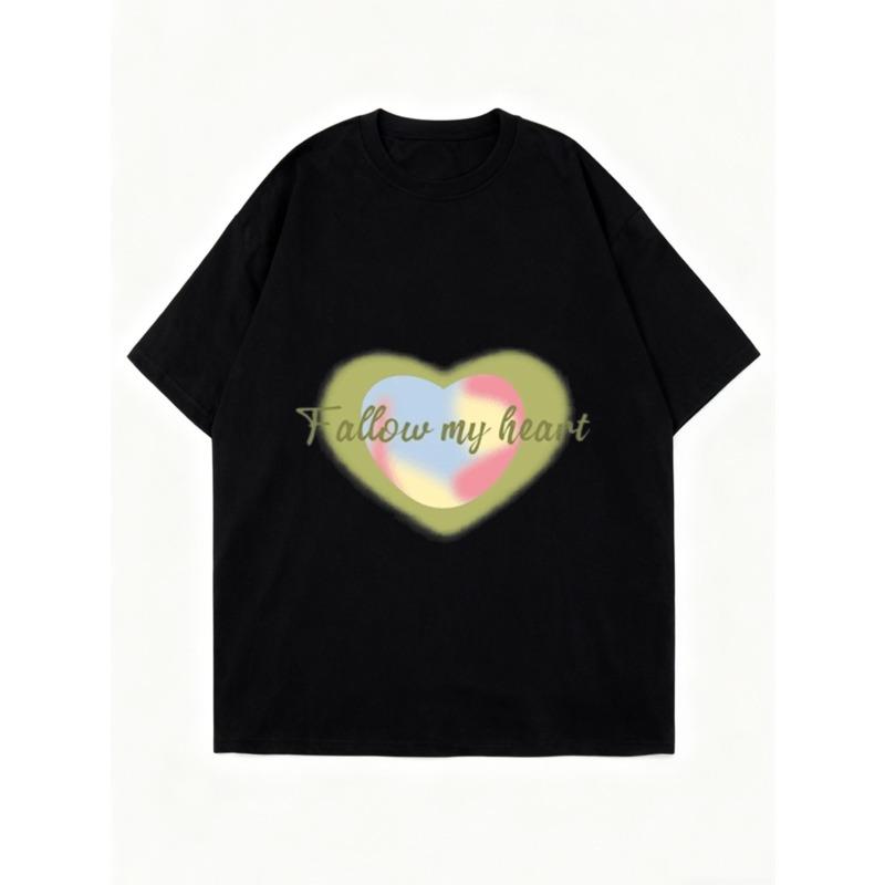 Oversized T Shirt Black Heart Print Follow My Heart Text Casual Wear for Women Summer Streetwear Fashion Top