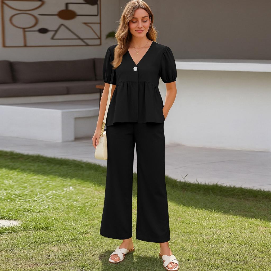 Women's 2 Piece Outfits Sets Ruched Short Sleeve Tops  Wide Leg Pants Tracksuit Sets