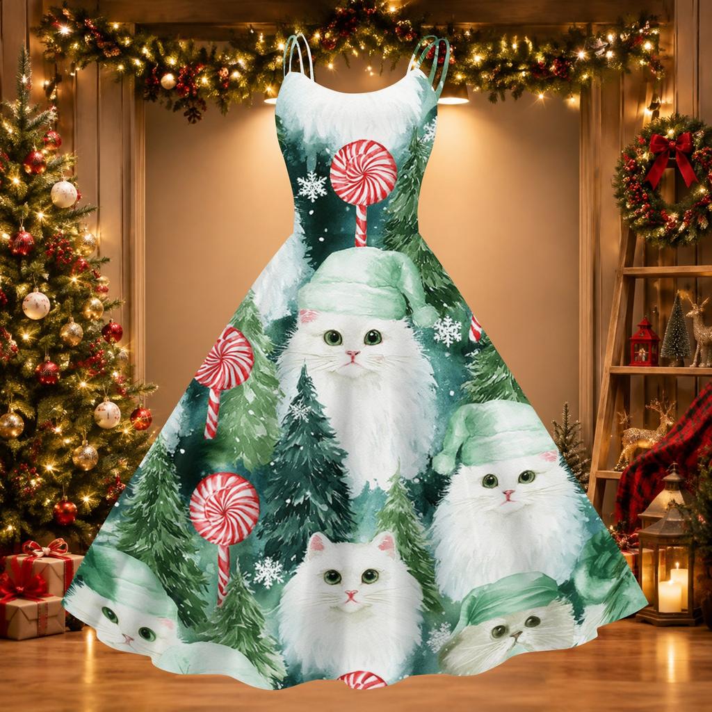 Women's Sexy Off-Shoulder Vintage Christmas Print Dress for Holiday Party