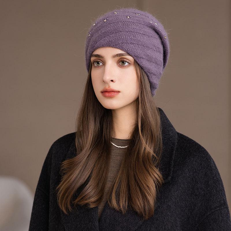 

Вязаная шапка из кроличьего меха, модная и универсальная, для осени и зимы, с защитой ушей, шапка-мешок на голову, женская шерстяная шапка ONE SIZE