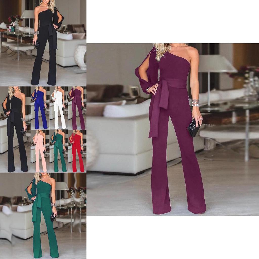 Elegant Women Tied Waist Flared Jumpsuits Fashion One Shoulder Sexy Rompers For Effortless Style