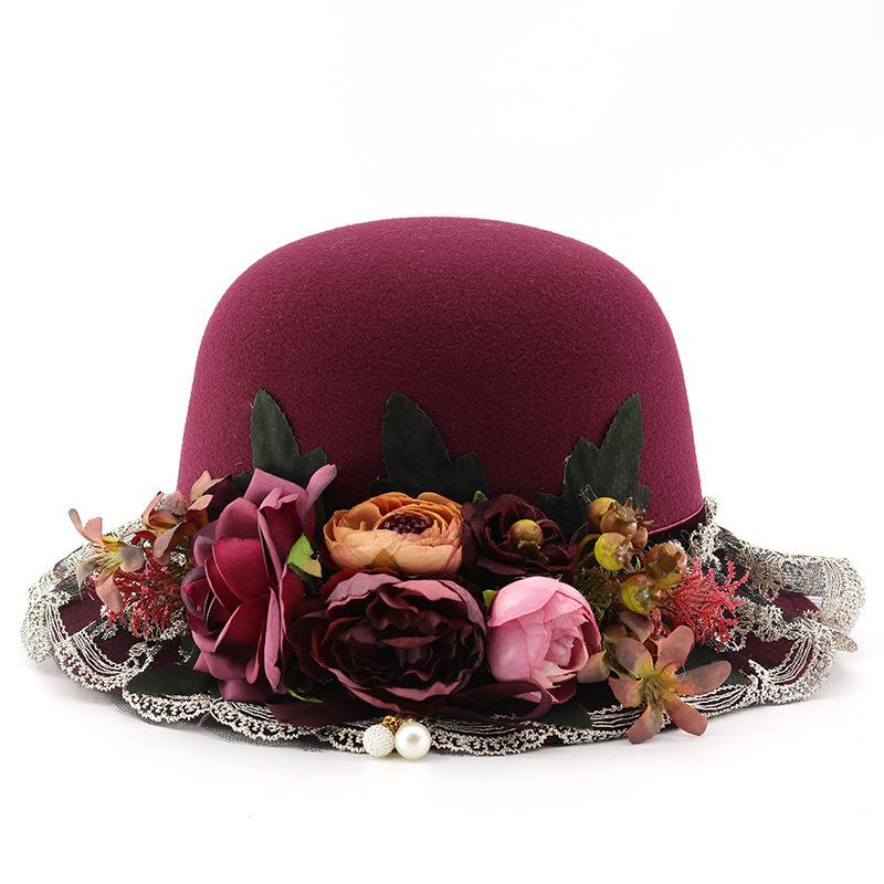 Женская шерстяная рыбацкая шапка с кружевным цветком M（56-58cm） бордовый