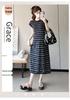 New Summer Ice Silk Maternity Dress with Short Sleeve Polo Collar and Slimming Color Block Stripes