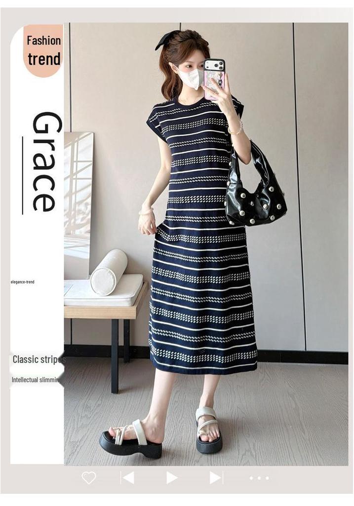 New Summer Ice Silk Maternity Dress with Short Sleeve Polo Collar and Slimming Color Block Stripes